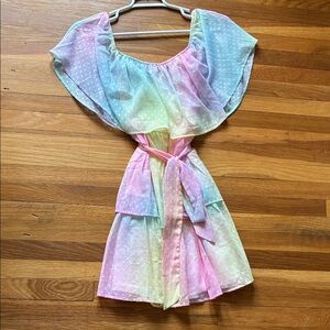 Vici Pastel Rainbow Ruffle Off-Shoulder Eyelet Mini Dress